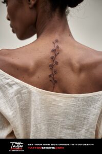 Subtle single-line floral vine tattoo on a woman's upper spine, fully healed and elegant.