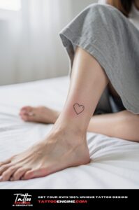 Small outlined heart tattoo on woman's front ankle, fine line, bare skin.
