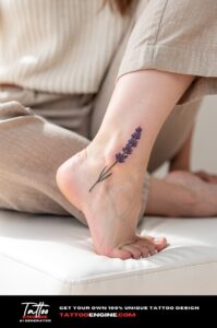 Delicate lavender sprig tattoo on woman's inner ankle, fine line, natural skin.