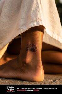 Minimalist lotus outline tattoo on a woman's Achilles, ivory sundress hem above.