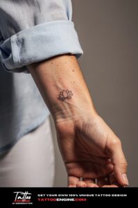 Minimalist lotus flower tattoo in fine black line on a woman's wrist, natural skin detail.
