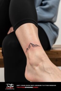 Simple mountain line tattoo on woman's outer ankle, minimal black ink, bare skin.