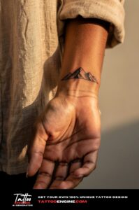 Small black mountain range tattoo on wrist, natural skin texture, golden sunlight.
