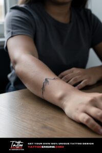 Minimalist mountain tattoo, healed and crisp, on woman's inner wrist.