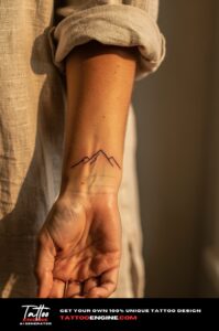 Minimal mountain outline tattoo on outer wrist, late-afternoon sun, natural olive skin.