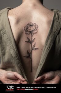 Fine line peony stem tattoo along upper spine, olive shirt, natural skin details.