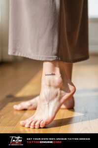 'wander' script tattoo on woman's bare inner ankle, minimalist black ink.