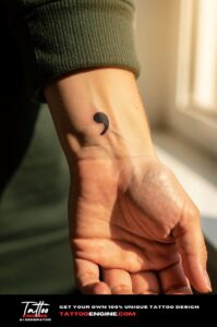 Small black semicolon tattoo on inner wrist, close-up with warm sunlight and skin detail.