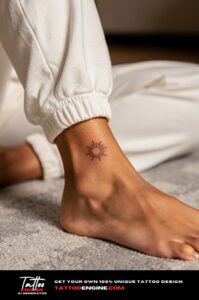 Tiny sunburst tattoo in black ink on woman's outer ankle, minimalist style.