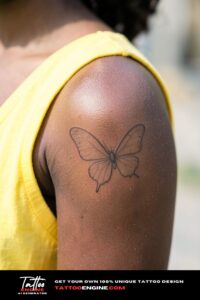 Small single-line butterfly tattoo on bare brown shoulder, yellow sleeveless shirt.