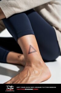 Simple triangle tattoo in black ink on woman's outer ankle, geometric style.