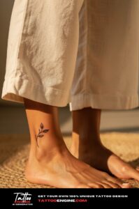 Minimalist vine and leaves tattoo on woman's inner ankle, fine black ink.
