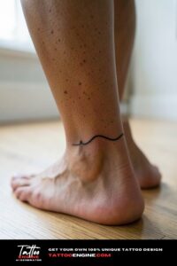 Tiny wave tattoo in black ink on woman's Achilles tendon, minimalist style.