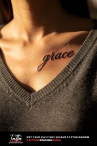 A woman&rsquo;s collarbone with a healed script tattoo reading "grace", sweater neckline pulled aside.
