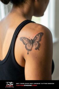 Fine line butterfly tattoo on brown-skinned shoulder, black tank top, morning window light.