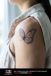 Fine line butterfly tattoo with negative space on brown shoulder, oatmeal linen shirt open.