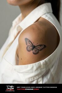 Fine line butterfly tattoo on olive skin shoulder, linen shirt sleeve slipped aside.