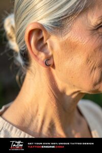Realistic crescent moon tattoo behind ear on mature sun-kissed skin, warm sunlight.