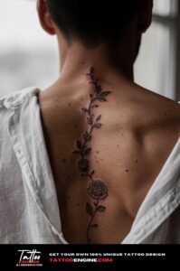 Fine-lined rose and vine tattoo on man's upper spine, white shirt, overcast daylight, close-up.