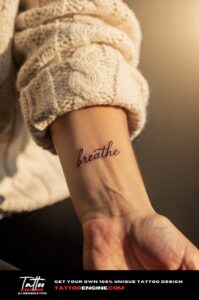 Healed black script 'breathe' tattoo on a woman's inner wrist, soft sunlight.