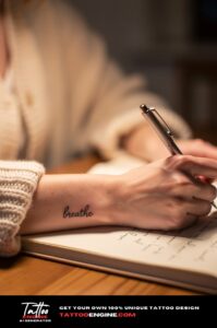 Healed script 'breathe' tattoo in fine black ink on a woman’s wrist, natural skin detail visible.