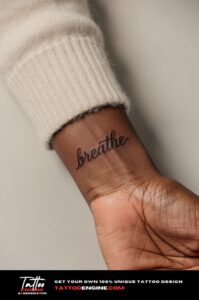 Cursive 'breathe' tattoo on inner wrist of woman with deep ebony skin.