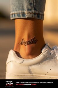 Delicate script word 'breathe' tattoo on a woman&rsquo;s inner ankle, fine and elegant.