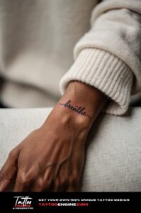 Fine black script 'breathe' tattoo on a woman’s inner wrist, natural skin texture visible.