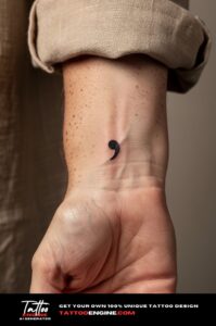 Small black semicolon tattoo on inner wrist of a woman with fair skin.