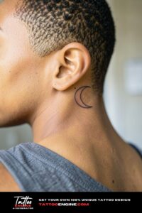 Single-needle crescent moon with three dots behind ear on golden-brown skin, soft daylight.