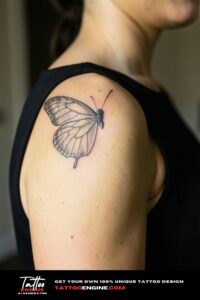 Stippled fine line butterfly tattoo on golden shoulder, sleeveless black dress, indoor evening light.