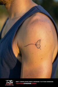 Fine line butterfly tattoo on upper arm, wide-cut navy tank, late-afternoon light.