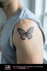 Fine line butterfly tattoo on tan shoulder, grey crewneck t-shirt slightly stretched.