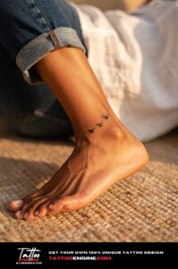 Minimalist three birds tattoo on woman's inner ankle, black ink, warm sunlight.