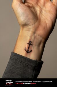 Small black anchor tattoo on inner wrist, golden-tan skin, grey turtleneck.
