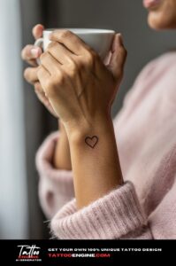 Photorealistic close-up of a healed black heart outline tattoo on a woman’s inner wrist.