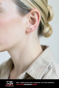 Tiny fine-line new moon tattoo behind the ear on pale skin, soft daylight.