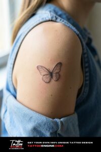 Tiny single-line butterfly tattoo on tan shoulder, blue chambray shirt rolled up.