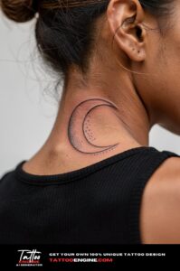 Minimalist waning crescent moon tattoo with dotwork behind the ear on brown skin.