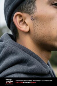 Small waxing crescent moon tattoo behind a man's ear on brown skin.
