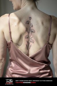 Fine-line wild poppy stem tattoo traced down a woman's upper and mid-back.