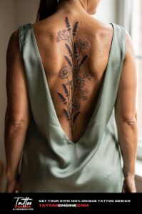 Delicate wildflower bouquet tattoo in fine black lines tracing the spine on tan skin.