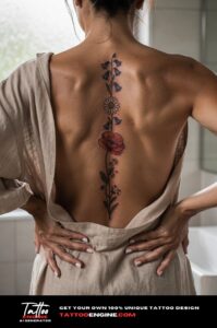 Close-up of vertical wildflower tattoo along the spine, visible through an open-back robe.