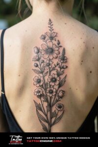 Fine-lined wildflower tattoo along a woman's spine, healed and following natural curves.