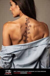 Close-up of fine-lined wildflower vine tattoo running down a woman's spine.