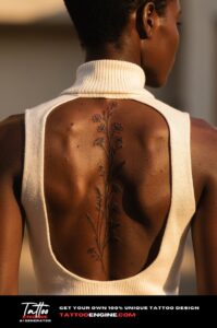 Healed fine line wildflower and grass tattoo along spine, open-back cream top.