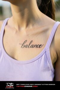 A woman's collarbone with a healed script "balance" tattoo, tank top strap off shoulder.