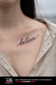 A delicate healed "believe" script tattoo on a woman's collarbone, linen shirt collar open.