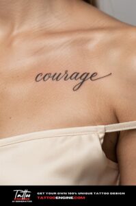 A woman&rsquo;s collarbone with a healed script tattoo "courage" in fine calligraphy, camisole strap off.
