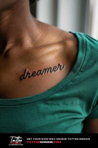 Healed "dreamer" script tattoo on a woman's collarbone, t-shirt neckline pulled aside.